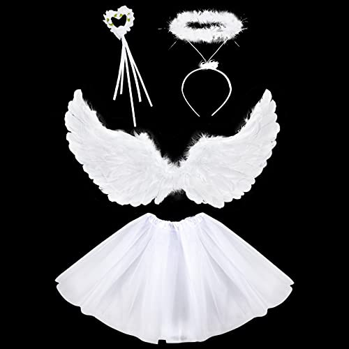 vamei Ali Angelo Bambini Ali di Piuma con Cerchietto Alone Bacchetta d'Angelo Ala Bianca Tutù Gonna Bambini Costume per Halloween Karneval per Bambini Bambina(60CM)