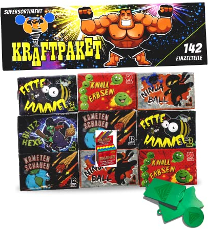 AKTIVHANDEL 142-teiliges Jugendfeuerwerk Set mit Knallerbsen, Fette Hummel und mehr, Kinder Knaller Silvester, Kat F1 Feuerwerk inkl. Einkaufswagenchip