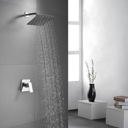 OUGOO Einfunktional‌ Unterputz Duscharmatur Set, 25×25cm Eckig Regendusche Unterputz Duschamaturenset mit Regenduschkopf, Duschset Duschsystem aus 304 Edelstahl und Messing, Chrom