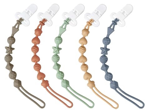 PandaEar Paquete de 5 Clips para Chupetes de Silicona, Sujetachupetes con Diseño de Una Pieza para Bebés Niños y Niñas, Juguetes Mordedores para la Dentición
