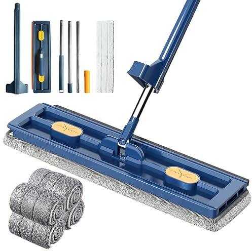 Großer Flachmopp Mit Auswringfunktion, Darryy Flachmopp, 360° Drehgelenk Bodenwischer Wischmopp Set, Nass- & Trockenmopps für den Haushalt, mit 4 Mikrofaser-Wischpads (Blau)