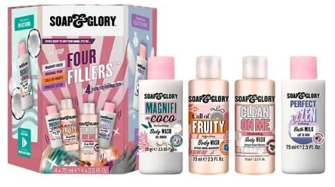 Soap & Glory - The Top Four Fillers Gift Set - Box of 4 x 75ml Shower Gel and Bath Milk - Gorgeous Bath and Body Gift Box - Soap & Glory Miniatures Collection – Toiletry Set – Delectable Scents