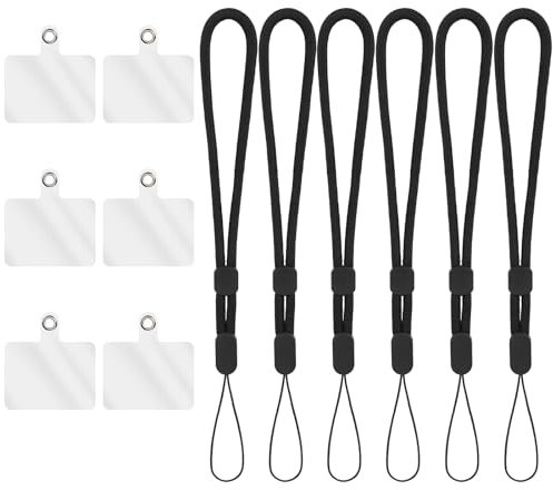 Amabro 6 correas de cordón para teléfono, soporte de muñeca desmontable para teléfono celular, agarre ajustable, cadena de teléfono manos libres negra con pestaña de sujeción para cobertura universal,