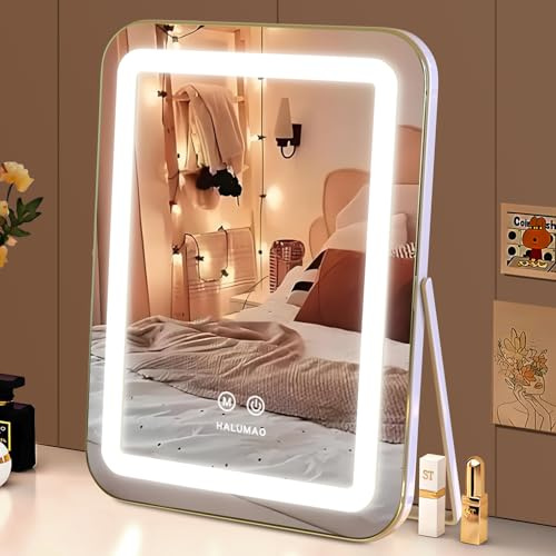 halumao Vanity Mirror with Lights, 14.5 Light Up Makeup Mirror, LED Makeup Mirror with Lights for Bedroom Tabletop, Smart Touch Control 3 Colors Dimmable, 360° Rotation