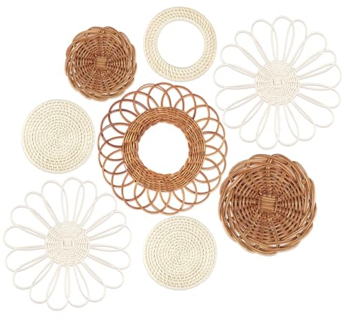 YIYA Juego de 8 Cestos Mimbre Decoración Pared Cestas de Ratán para Pared Decoración Bohemia para Decoración de Pared Sala de Estar o Dormitorio（Blanco）