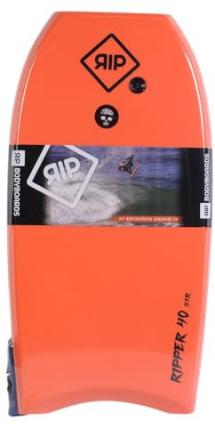 RIP Bodyboard - Ripper Stringer 40 + Flat Leash - 6 Combinaisons de Couleurs, CXLPE 4mm Deck,Crescent Tail, Stringer en Fibre, 50/50 Simple Rail - Livré avec plugIdéal pour débutant (Orange Bleu)