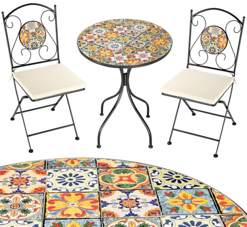 BAKAJI Set Tavolo 60 x 70 cm + 2 Sedie Pieghevoli con Decorazione Mosaico, Tavolino Resistente Salvaspazio per Arredo Esterno, Giardino, Terrazzo, Struttura in Metallo Colore Nero