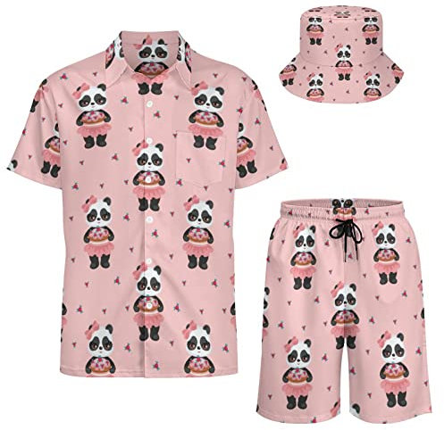AsqLdQM Lot de 2 chemises et shorts hawaïens pour homme avec chapeau cloche, Gâteau panda dessin animé, XS