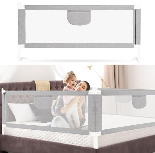 Fiqops Sänggaller, fallskydd, 200 cm x 2 + 180 cm x 1, justerbar höjd, 64–96 cm, sängskydd, barnsängsskydd med luftigt nät för barn och föräldrarnas sängar, stabila, gråa