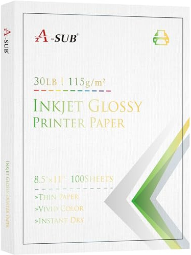 A-SUB 100 Sheets Glossy Thin Photo Paper 115gsm 30lb, 8.5x11 Inch Single-Sided Inkjet Photo Printer Paper for DIY Chip Bags, Party Favors, Flyers, Use Dye Ink Only