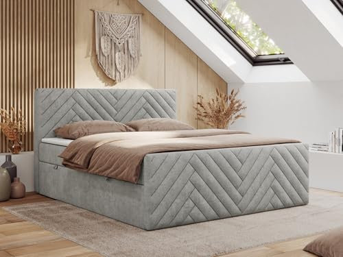 MKS MEBLE Boxspringbett 140x200 mit Bettkasten Matratze H4 - Paris Duo - Hellgrau Strukture