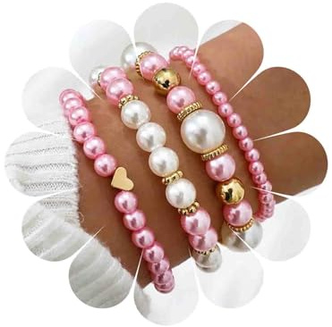 Cybche Boho Pink Layered Pearl Bracelet Set Gold Ball Beaded Bracelet Wedding Pearl Bead Stackable Stretch Elastic Bracelets Tiny Love Heart Bangle Anklet Wrist Jewelry for Women