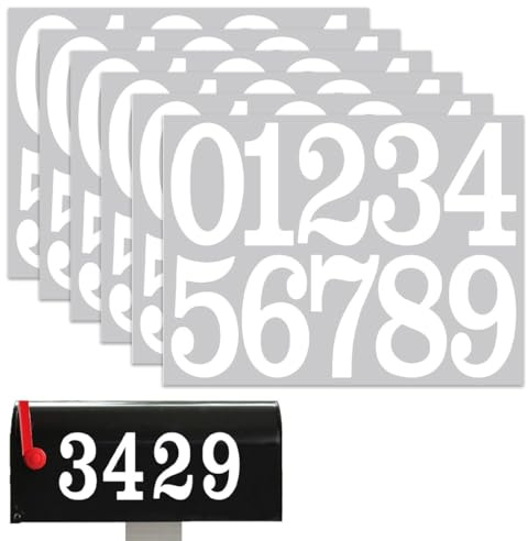 JEYORZY Lot de 6 Feuilles d'autocollants Numérotés - Chiffre Autocollant- Blanc - 8 cm - Chiffres - Étanche - Autocollants de 0 à 9 - Autocollantes - En vinyle - Pour résidence, boîte aux Lettres