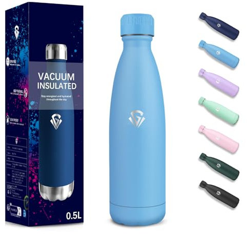 Gourde, 500 ml Sans BPA, Gourde Isotherme, Isolation Sous Vide à Double Paroi, Bouteille Isotherme, 304 Acier Inoxydable, Gourde Acier Inoxydable pour École, Voyage, Marcher, Jogging - Bleu ciel