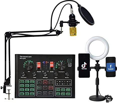 AIRYSSFU Kit scheda audio, Professional Audio V8 Sound Card Set Mic Studio Microfono a condensatore for la registrazione di podcast Live Streaming(V9X PRO Full Set-01)