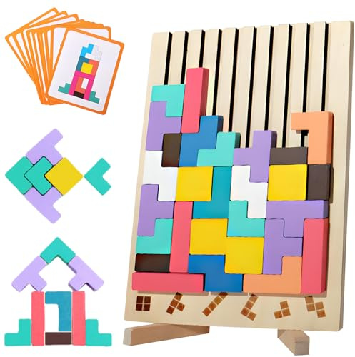 Tetris Gioco per Bambini con Borsa,Puzzle di Legno Tetris Giocattolo Montessori,Cervello Giocattoli, Intelligenza Jigsaw Rompicapo, Regali Educativi per Bambini
