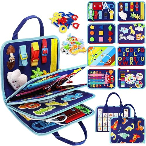 Tweens Montessori Busy Board for Toddlers – 8 Pages Preschool Busy Book, Felt Sensory Activity Board for Fine Motor Skills, Educational Travel Toy for Kids, Baby, Boys & Girls, Autism Learning Toy
