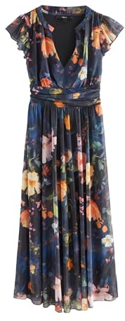 NEXT Mujeres Vestido a Media Pierna de Malla Plisada con Cuello de Pico y Estampado para Ocasiones Especiales Navy Blue Floral 38