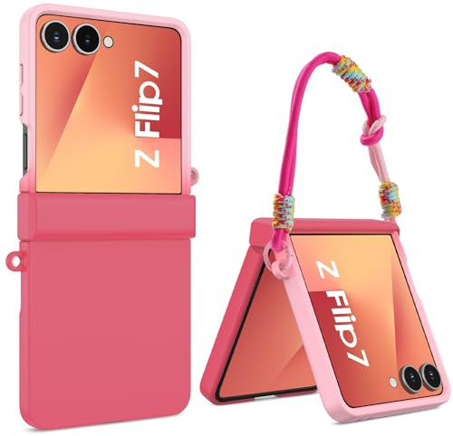 DOMAVER Magnetische Schutzhülle für Samsung Z Flip 7 mit Kordel, Case Galaxy Z Flip 7 6,9 Zoll, stoßfest, Rosa