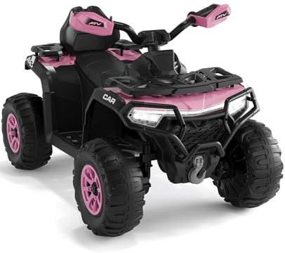 Garvee Quad Elettrico Bambino 12 V, Auto Elettrica 4 Ruote All Terreno con 2 Motori, Telecomando Parentale, Sospensione, Fari LED, Musica, Bluetooth, USB, Bandiera Luminosa, Da 3 Anni