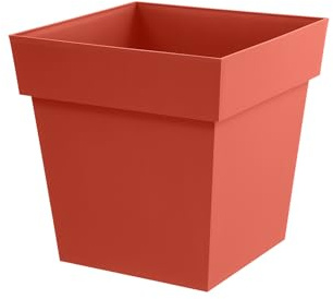 EDA - Pot de Fleur Carré Toscane 32 cm - 22 L - Intérieur & Extérieur - Zone de rétention d'eau pour Limiter l'Arrosage - Plastique Recyclé - 32 x 32 x H. 32 cm - Orange Terre Battue