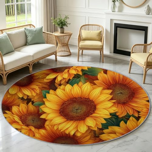 Generisk matta rund 150 cm solros gröna blad, halkfria mattor vardagsrum, tvättbar mjuk kortlugg blommor matta gul för barnrum sängmatta sovrum studierum kontor
