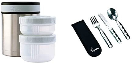 LAKEN Termo Para Comida de Acero Inoxidable 1L y Funda Textil Gris Incluye 2 Contenedores Interiores + 1410FN, Set de Cubiertos de Acero Inoxidable con Funda de Neopreno