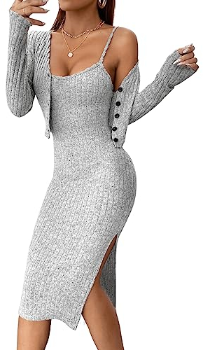 GORGLITTER Rippenstrick Kleid Mit Jacke Set Elegant Zweiteiler Cami Mit Schlitz 2 Teiler Hellgrau M