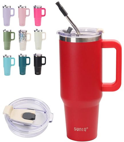 SUNTQ 850ml/30oz Tumbler mit Griff, Doppelwandige Vakuum Isolierte Wasserflasche mit Stroh und Deckel, Edelstahl Reise Kaffeebecher, Thermische Tasse für Getränke, Fit in Becherhalter(Rot)