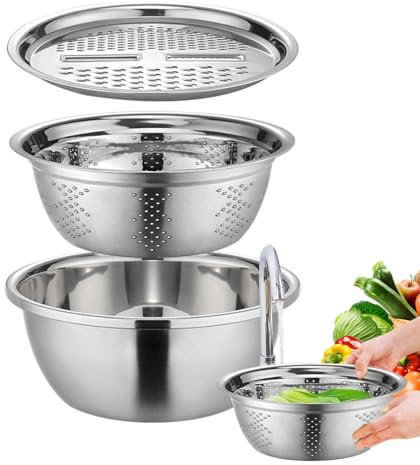 Passoire Avec Bol Inox - Passoire À Egoutter En Acier Inoxydable,3 En 1 Saladier Et Passoire Avec Râpe À Fromage,Passoire De Cuisine,Panier Égouttoir Avec Plateau Pour Légumes,Fruits Pour Salade Légum