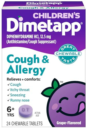 Children’s Dimetapp Fast-Acting Chewable Cough & Allergy Medicine, Antihistamine, Cough Suppressant, Grape Flavor, Relieves Cough, Itchy Throat, Sneezing & Runny Nose, 24 Chewable Tablets