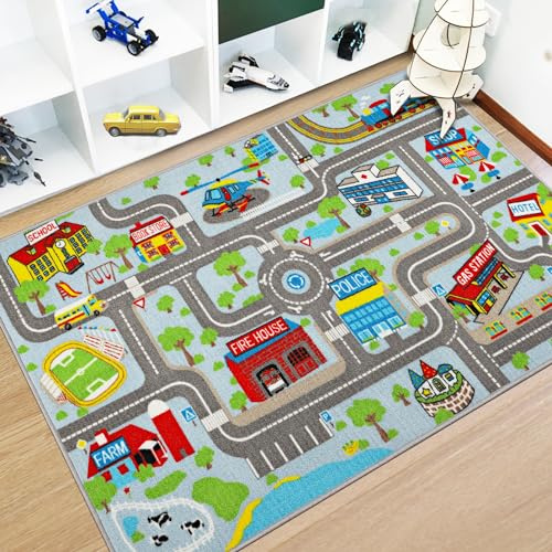 Capslpad Kinder-Spielteppich, Stadt, Straße, 100 x 160 cm, rutschfest, Kinderteppich, Spielmatte, maschinenwaschbar, Trainingsmatte, Kurzflor-Teppich, Lernbereich, Teppich für Kinderzimmer