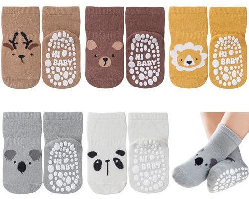 SockWaddles Stoppersocken Kinder Baby, 5 Paar ABS Atmungsaktiv Antirutschsocken Kinder, Krabbelsocken Baby Baumwolle, Jungen und Mädchen Crew Socken mit Tiere