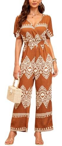 DUKAKII Women's Floral Jumpsuit Boho Jumpsuit Floating Short Sleeve V-Neck Elasticized Drawstring Jumpsuit with Pockets
