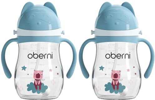 Oberni Baby sippy kopp med handtag och rem, spillfri vattenflaska för 6 12 månader + småbarn, BPA-fri | Tritan | Diskmaskinssäker | Läckagesäker ventilerad pip | Klicka på låsspets | 270 ml 9 oz |