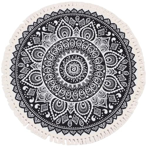 Terafeels Round Area Rug Bedroom Classic Tassels Carpet Short Pile Non-Slip Vintage Cotton Thin Machine Washable Floor Rug for Kitchen Hallway Dining Room 90cm,10090