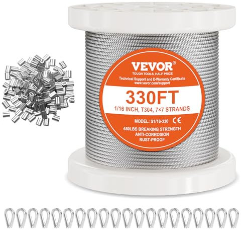 VEVOR Kit de Cables de Alambre de 1,59 mm Alambre de Acero Inoxidable T304 de 100,6 m con 80 Manguitos y 20 Guardacabos, Resistencia a la Rotura de 2 kN, 7 x 7 Hebras, Cables de Grado de Aeronáutico
