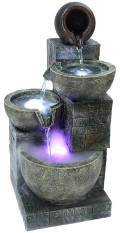 Makamsui Fontana a cascata a 4 livelli da 59,9 cm per esterni, giardino, cascata, ciotole e pietre impilate, fontana con luce a LED e atomizzatore Wh