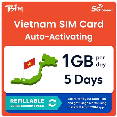 Vietnam Tarjeta SIM de Datos | 5 días, 1 GB/día | Activación automática | Velocidad 5G/4G | Hotspot Permitido | Plan Recargable vía la App Insta Sim | Sin número de teléfono