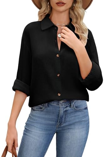 CMTOP Camicia Donna Camicetta Oversize Casual Cotone Scollo a V Camicie in Manica Lunga Primavera Autunno Elegante Loose Bottoni Tunica Blusa Tinta Unita Basic Maglietta Shirt Top (Nero, M)