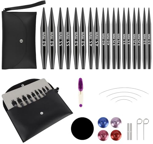 Mini Aiguilles Circulaires Interchangeables, 9 Paires Aiguilles Circulaires Tricot avec Sac et Accessoires, 9 Diamètres (3–6 mm), 4 Longueurs (20–40 cm), Aluminium Tricoter Set (9 Paires, 5 cm)