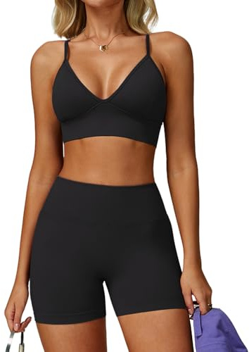 JTSONN Sportset dam ribbad GYM set sport outfit strappy yoga workout fitness set kläder V-ringad rygglös sport bh kombinerade scrunch yoga shorts sömlösa sportkläder tvådelad