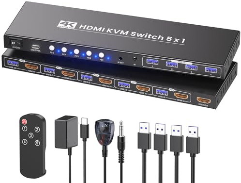 HDMI KVM Switch 5 PC 1 Monitor, 4K60Hz USB 3.0 5 Puertos KVM Switch para 5 Ordenadores Compartir 1 Juego de teclado, ratón y 1 monitor