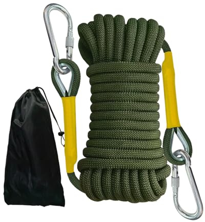 HUtzpah Corde Statique 8mm 2m – Kit de Sécurité pour Corde d'escalade | 2 mousquetons acier + sac. Usages : alpinisme, camping, sauvetage – Vert Olive