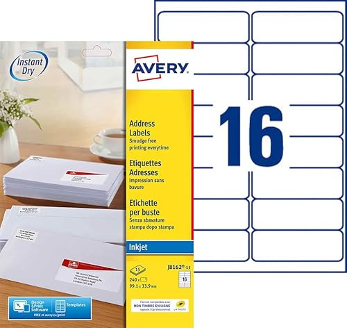 Avery J8162-15 - Etiquetas autoadhesivas para direcciones (240 unidades, 99,1 x 33,9 mm), color blanco