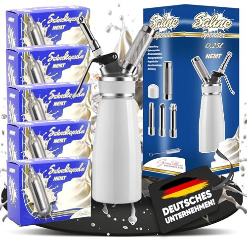 NEMT Sahnespender 0,25 L Sahnesiphon weiss + 50 Sahnekapseln 250 ml Sahnespender Aluminium mit Edelstahl Düsen und Reinigungbürste, Auslaufsicherer Sahnebereiter für Schlagsahne, Creme, Mousse
