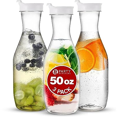 Party Bargains 50 oz. Plastic Carafe with Lids - Clear, 3 Count, White Flip Tab Lid Premium Quality & Heavy Duty Plastic Pitcher for Iced Tea, Powdered Juice, Cold Beverages, Mimosa Bar