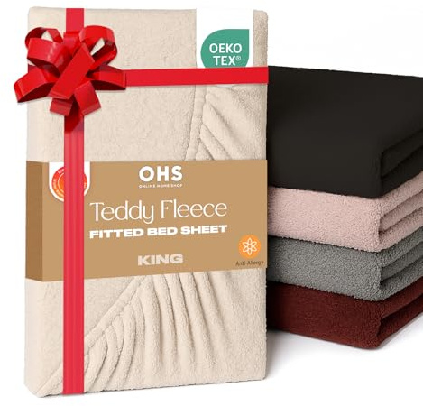 Brentfords Teddy Fleece Fitted Sheet, Soft Warm King Size Fitted Sheets Thermal Luxury Winter Fluffy Cuddly Bed Sheets Teddy Bear Bedding Easy to Use Fit, Cream Beige