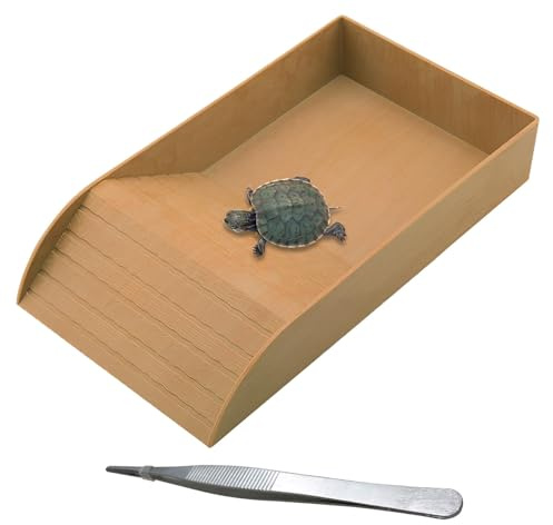 kathson Reptile Tortoise Turtle Feeding Dish with Ramp and Basking Platform Plastic Turtle Food and Water Bowl Also Fit for Bath Horned Frogs Lizards Amphibians (Brown, Emulational Wood)