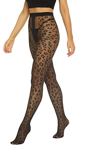 MANZI Women Patterned Tights Silky Sheer Leopard Black Tights 20D